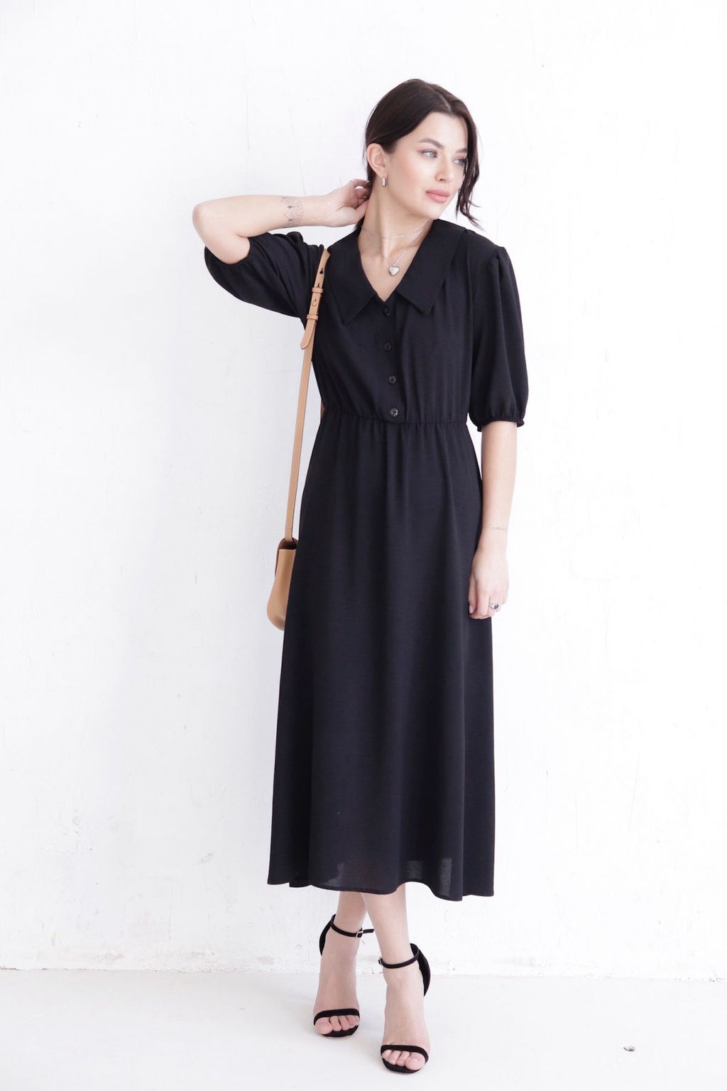 Платье-миди с отложным воротником чёрное - Martichelli фото 6