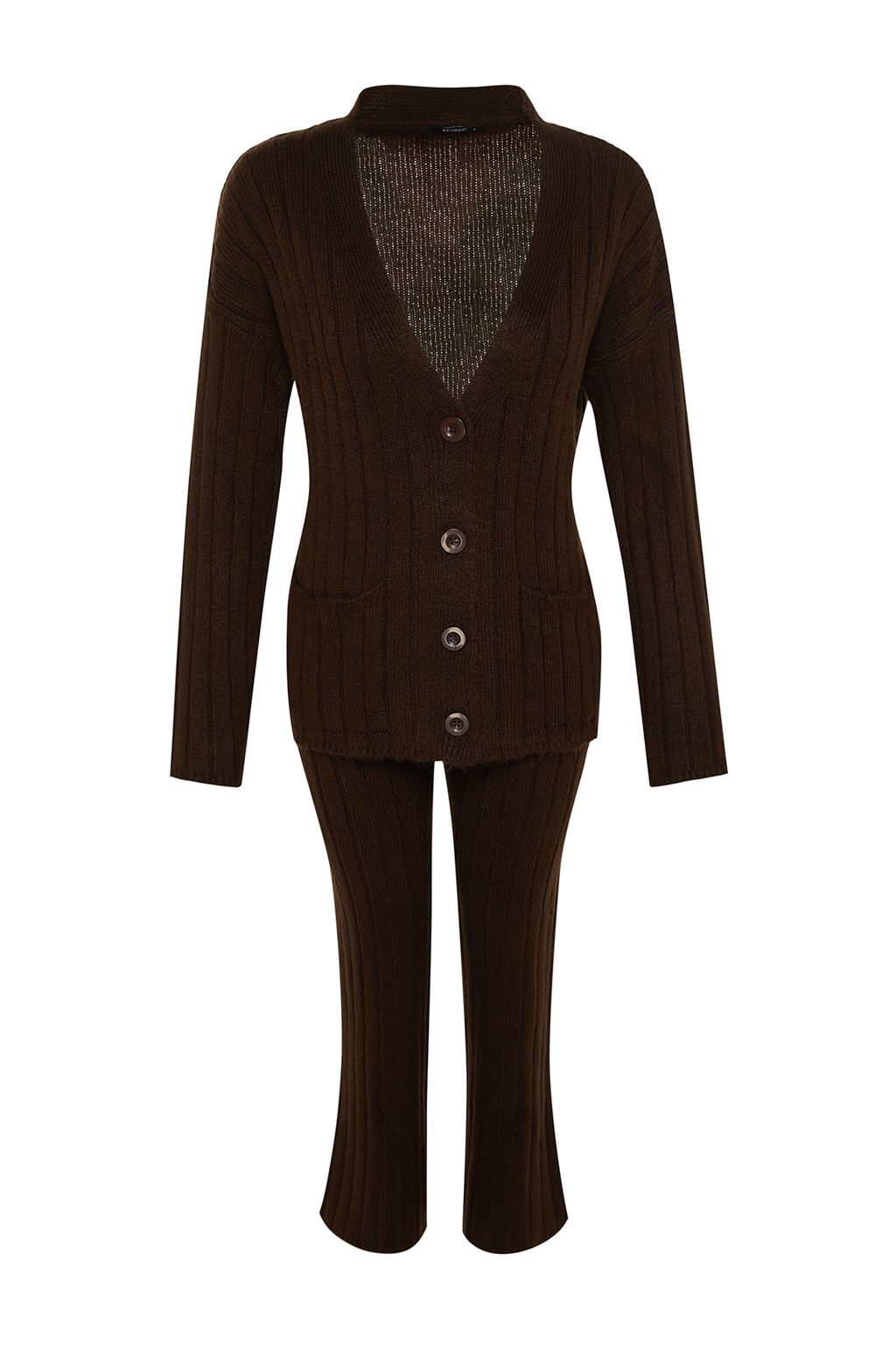 Kahverengi Genis Kal?p Yumusak Dokulu Triko Alt-Ust Tak?m TWOAW22AU0128