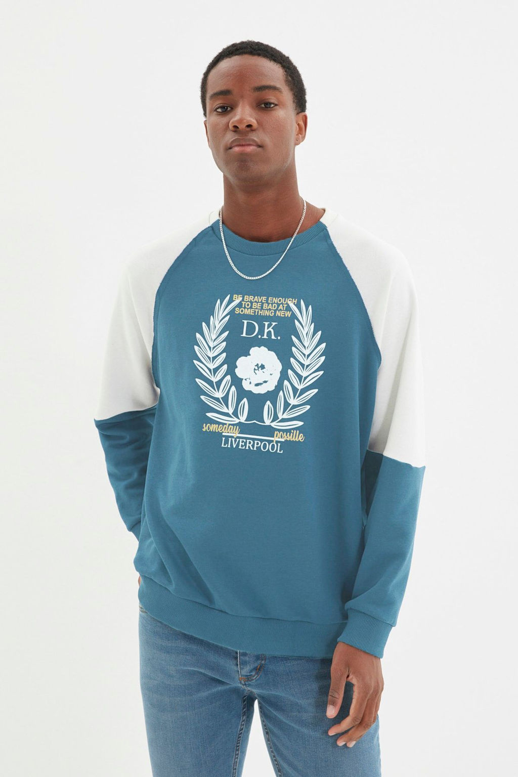 Indigo Oversize/Genis Kesim Reglan Kol Renk Bloklu Bask?l? Pamuk Sweatshirt TMNAW22SW1214