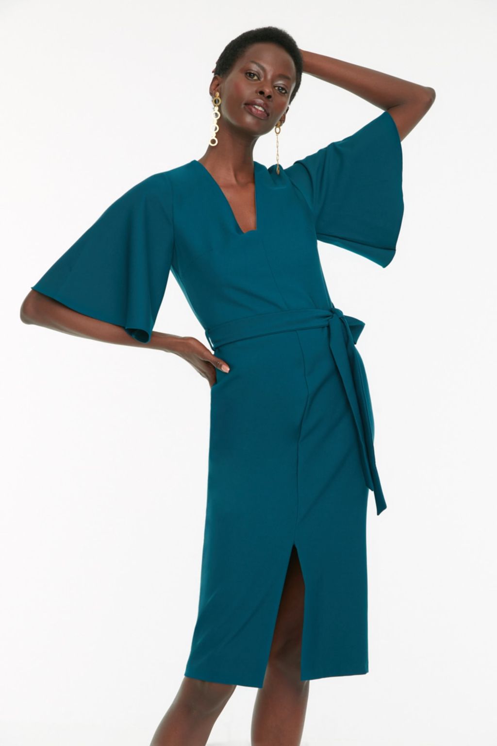 Ordek Bas? Yesili Kusakl? Vucuda Oturan Y?rtmacl? Midi Kalem Etek Dokuma Elbise TOFAW19BB0167