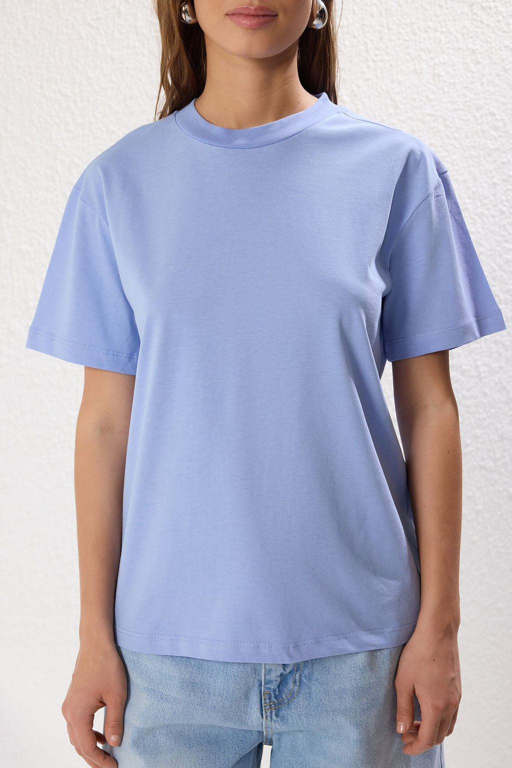 Ekru-Mavi 2li Paket %100 Pamuk Basic Dik Yaka Orme T-Shirt TWOSS20TS1500