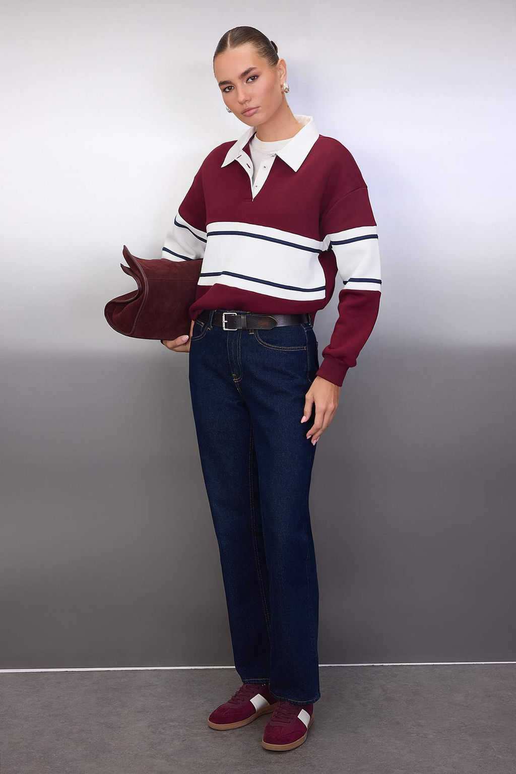 Bordo Renk Bloklu Polo Yaka Oversize/Genis Kal?p Orme Sweatshirt TWOAW26SW00119 - Trendyolmilla фото 2