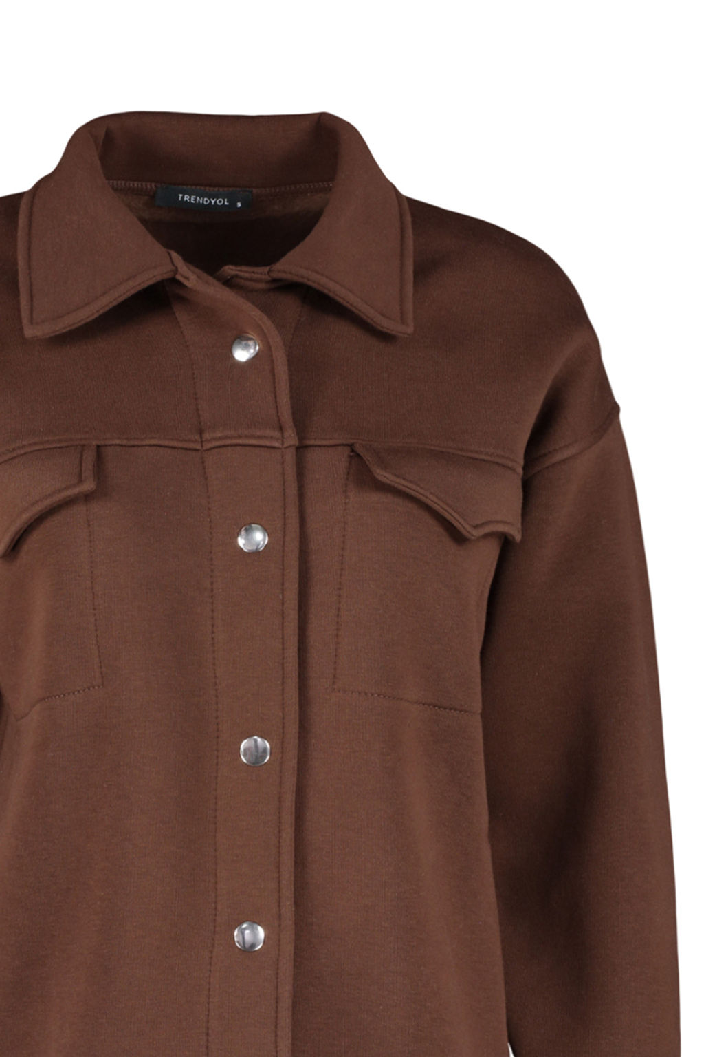 Kahverengi Oversize/Genis Kal?p Cepli ve Dugmeli Polo Yaka Ici Polarl? Orme Ceket TWOAW24CE00000 - Trendyolmilla фото 7
