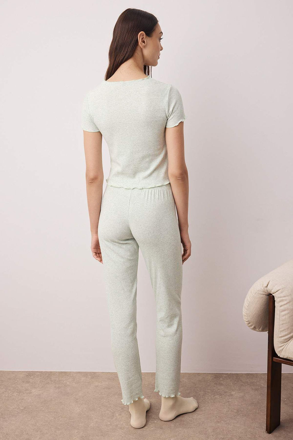 Mint Yaka ve Baby Overlok Detayl? Kiraz Aksesuarl? Fitilli Orme Pijama Tak?m? THMAW26PT00068