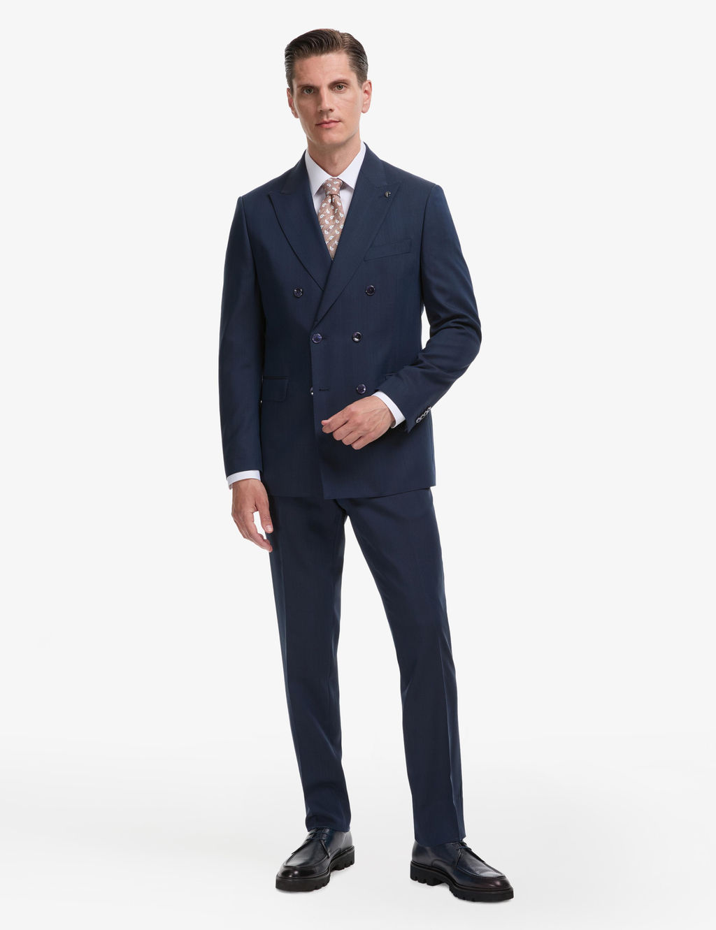 Lacivert Slim Fit Y_n _pek Kar___ml_ K_rlang__ Yaka Kruvaze Tak_m Elbise