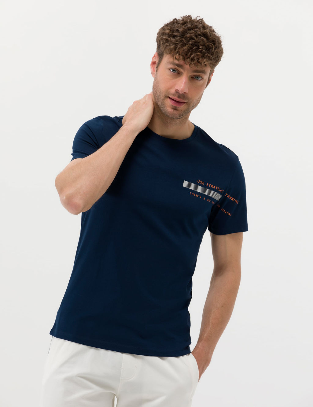 Lacivert Slim Fit Bask_l_ Bisiklet Yaka Ti__rt