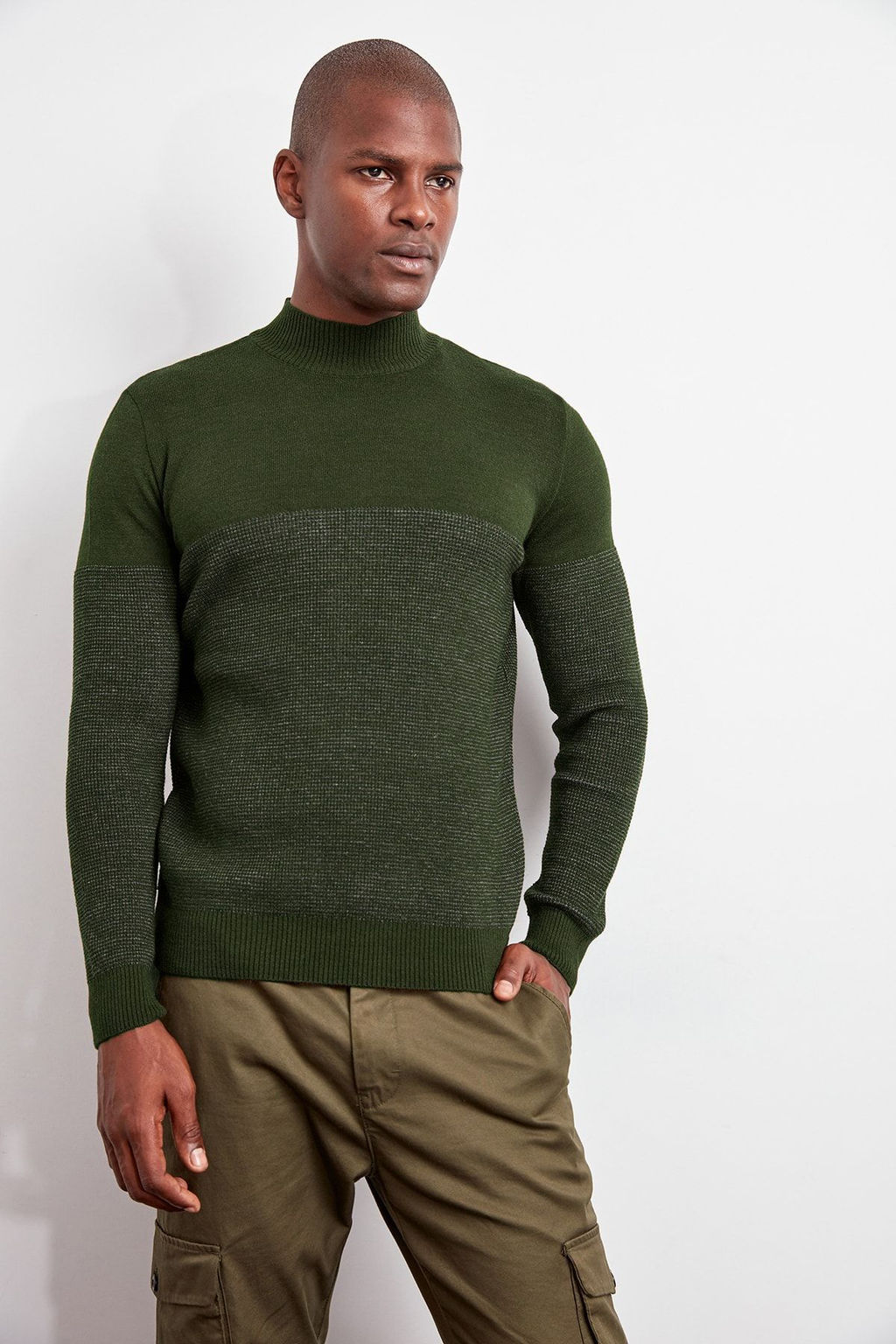 TRENDYOL MAN Haki Slim Dar Kesim Bisiklet Yaka Cizgili Triko Kazak TMNAW20LS0014 - Trendyolmilla фото 3