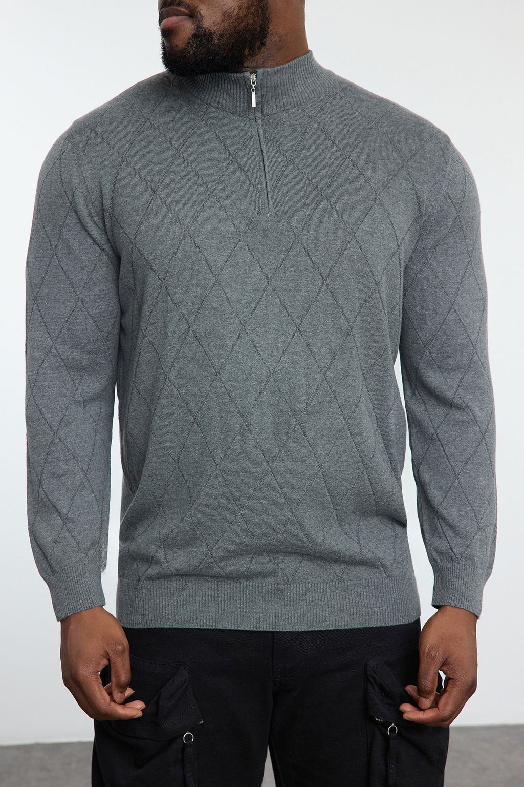 TRENDYOL MAN Gri Erkek Regular Yar?m Bal?kc? Yaka Baklava Triko Buyuk Beden Kazak TMNAW25AN00007 - Trendyolmilla фото 10