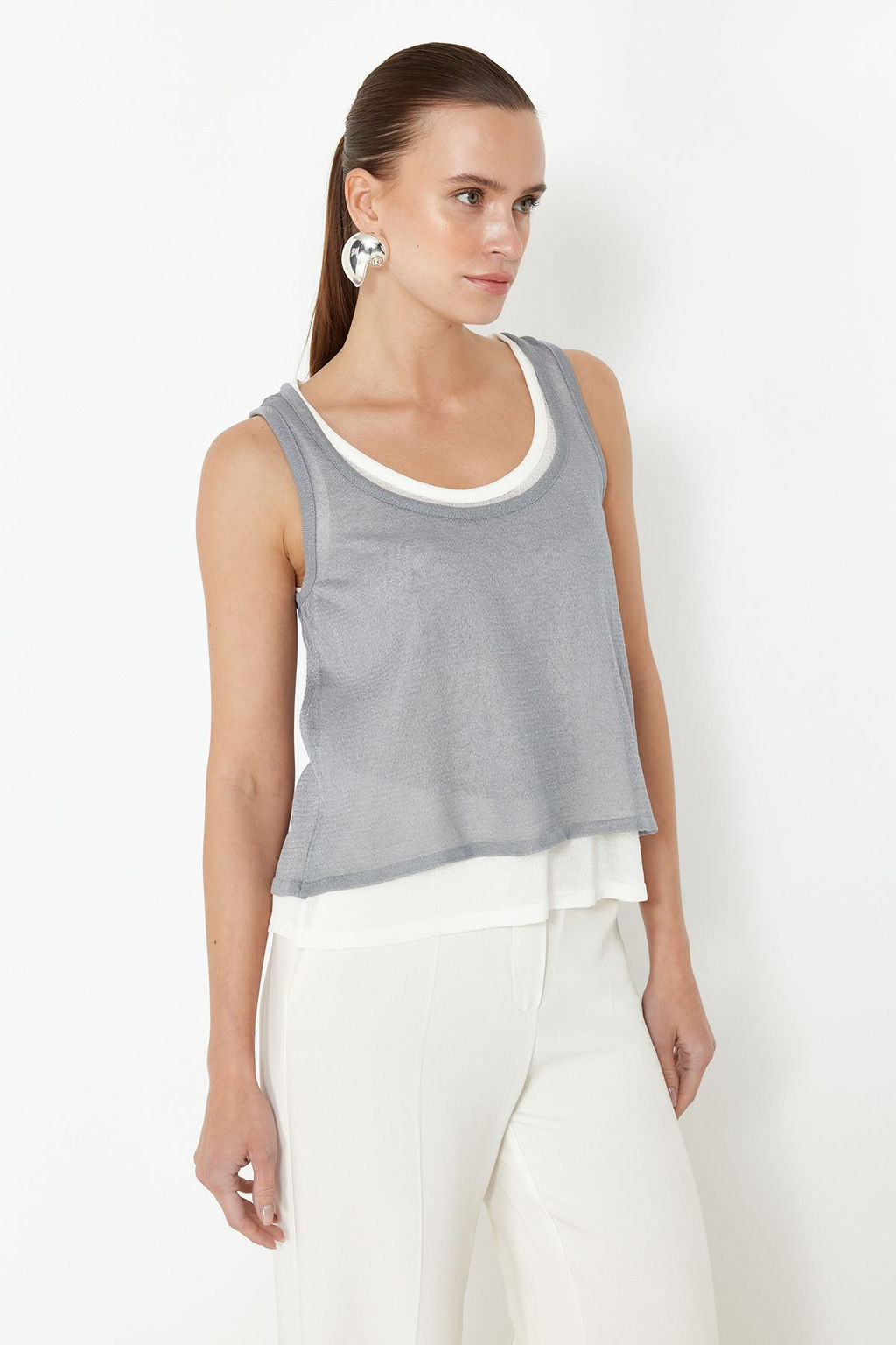 Gri Cift Kat Triko Ince Bluz TWOSS24BZ00599