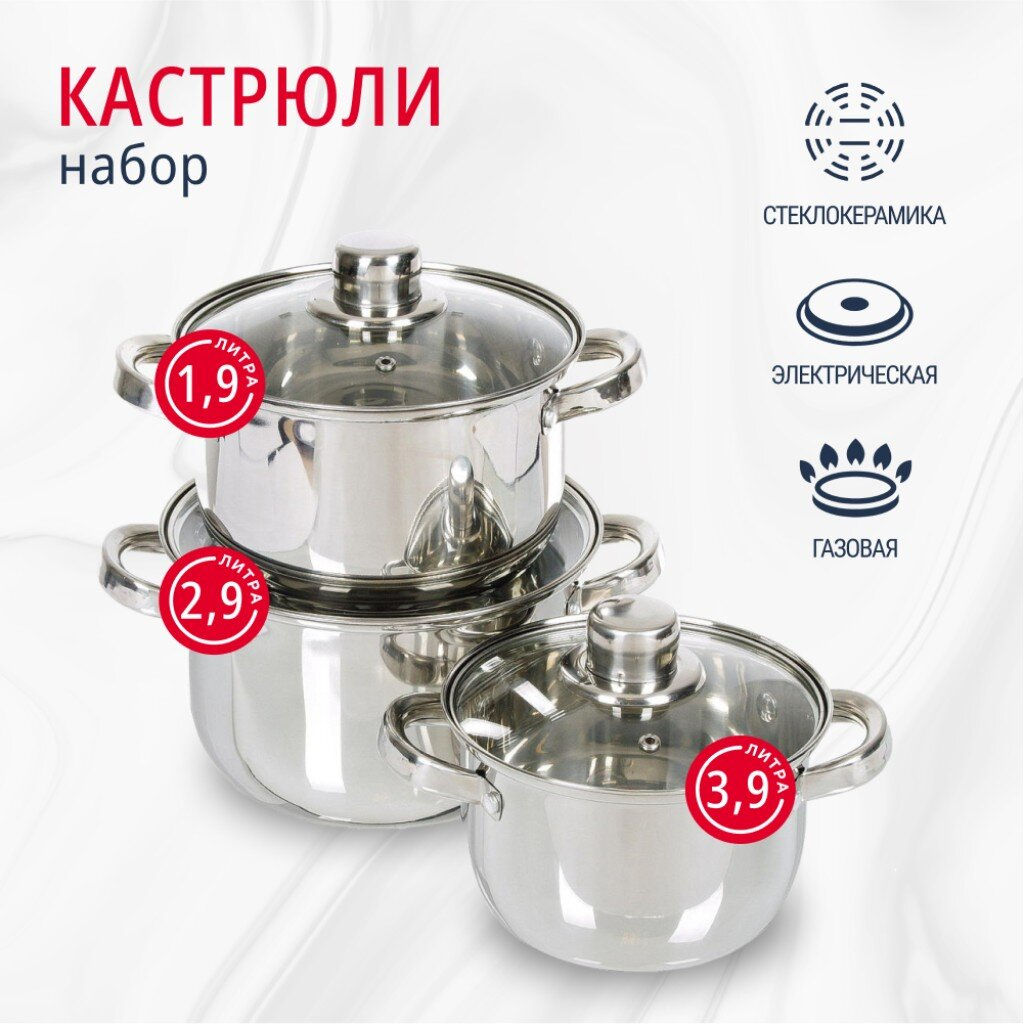 Набор нерж.ст. (кастрюли 1,9л, 2,9л, 3,9л) стекл.крыш. нерж/ручки индукция эконом SD-A17-6 (355350) - Daniks фото 8