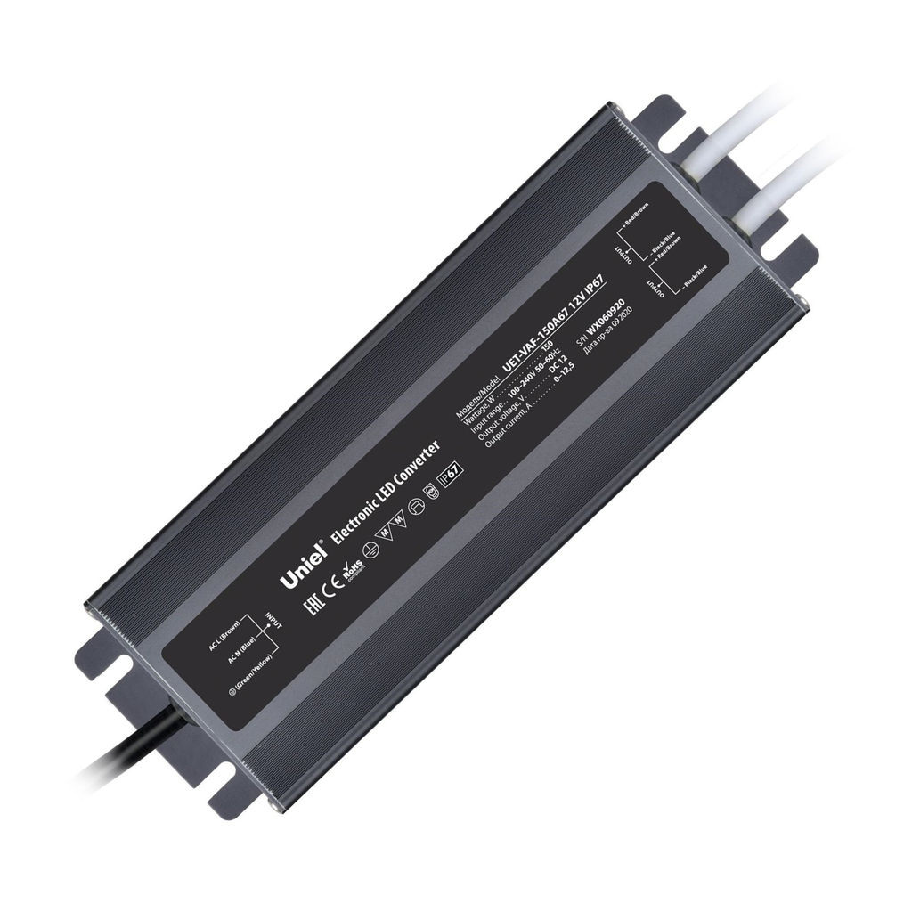 UET-VAF-150A67 12V IP67 2 выхода Блок питания ультратонкий, 150Вт. Металлический корпус. TM Uniel