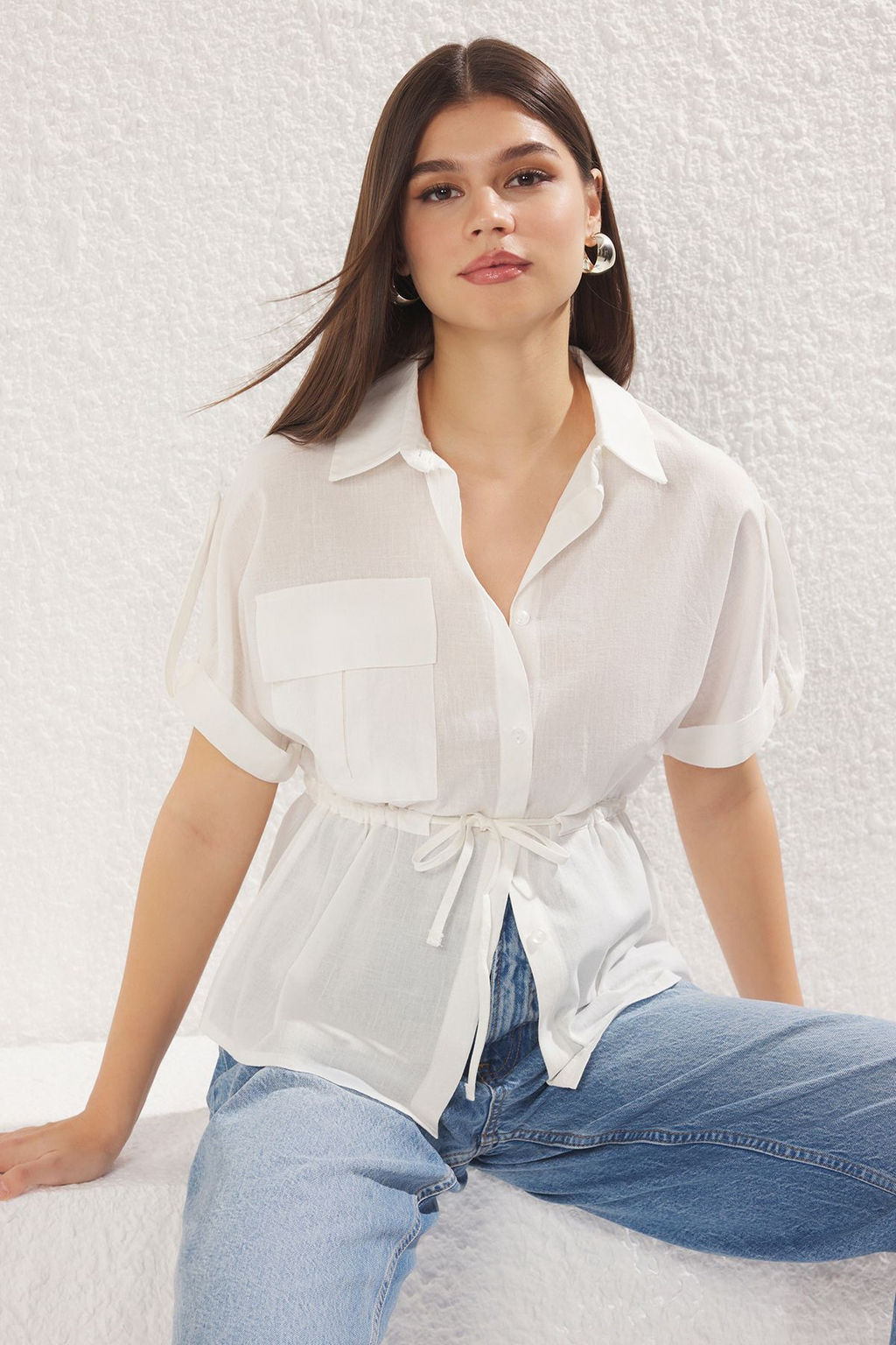 TRENDYOLMILLA Haki Onden Baglama Detayl? Cepli K?sa Kol Dokuma Gomlek TWOSS25GO00017 фото 3