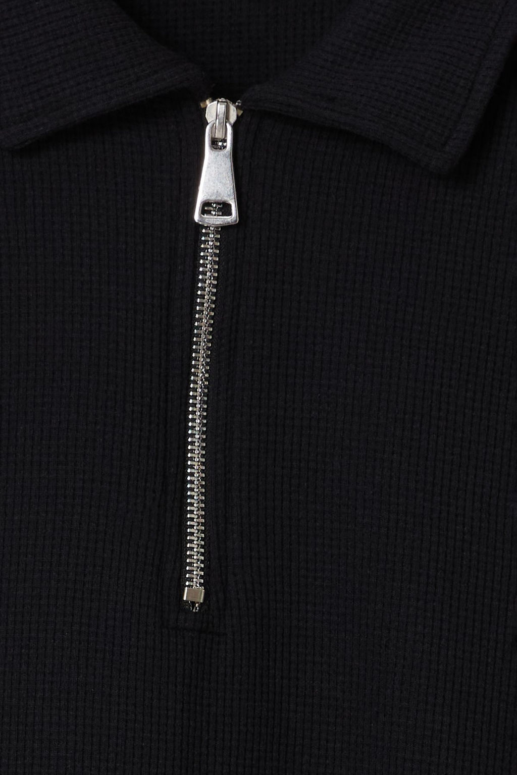 Siyah Oversize/Genis Kesim Dokulu Fermuarl? Polo Yaka T-shirt