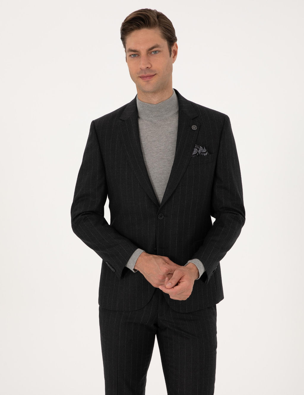 Antrasit Slim Fit %100 Y_n _izgili Tak_m Elbise