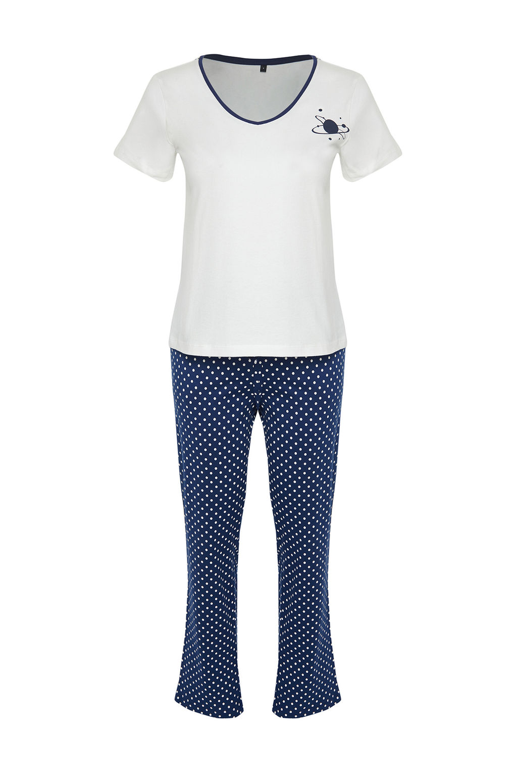 Trendyolmilla Beyaz-Cok Renkli Pamuklu Puantiyeli Orme Pijama Tak?m? THMSS24PT00323
