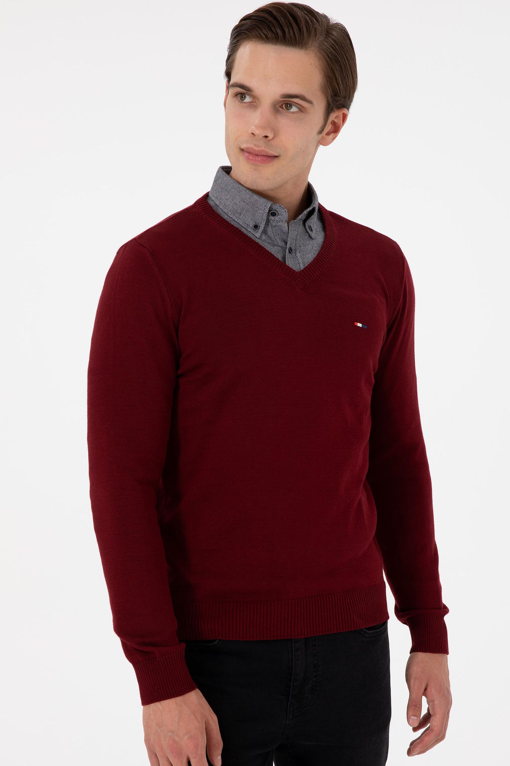 Erkek Slim Fit V Yaka Bordo Basic Kazak - U.s. polo assn фото 3