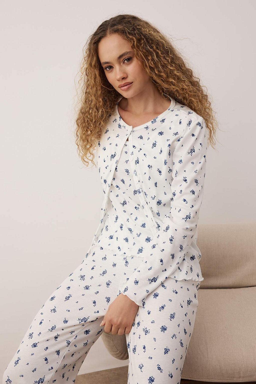 Siyah-Beyaz Bask?l? Kaskorse Orme Pijama Tak?m? THMAW26PT00179