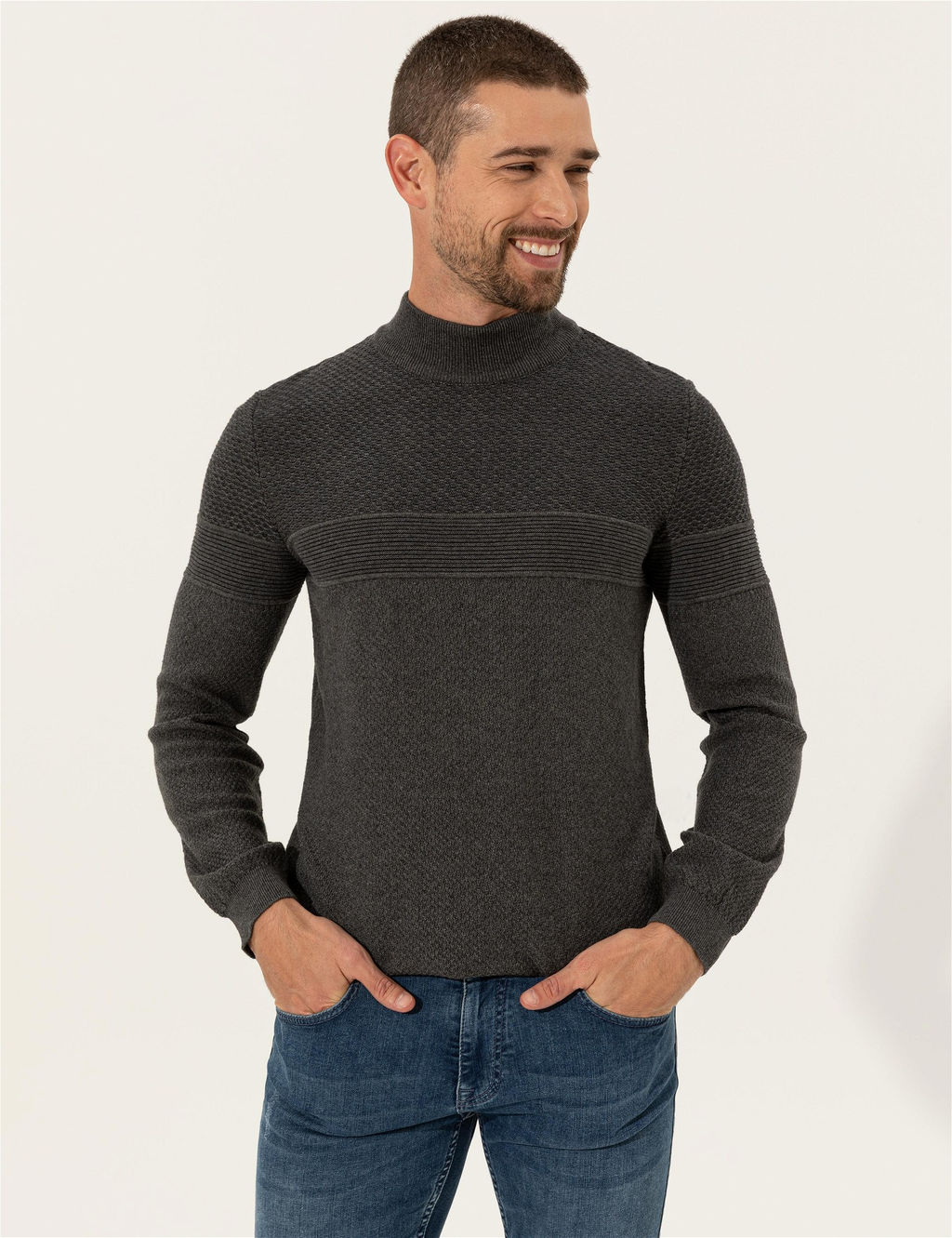 Gri Melanj Slim Fit Yar_m Bal_k__ Yaka Triko Kazak