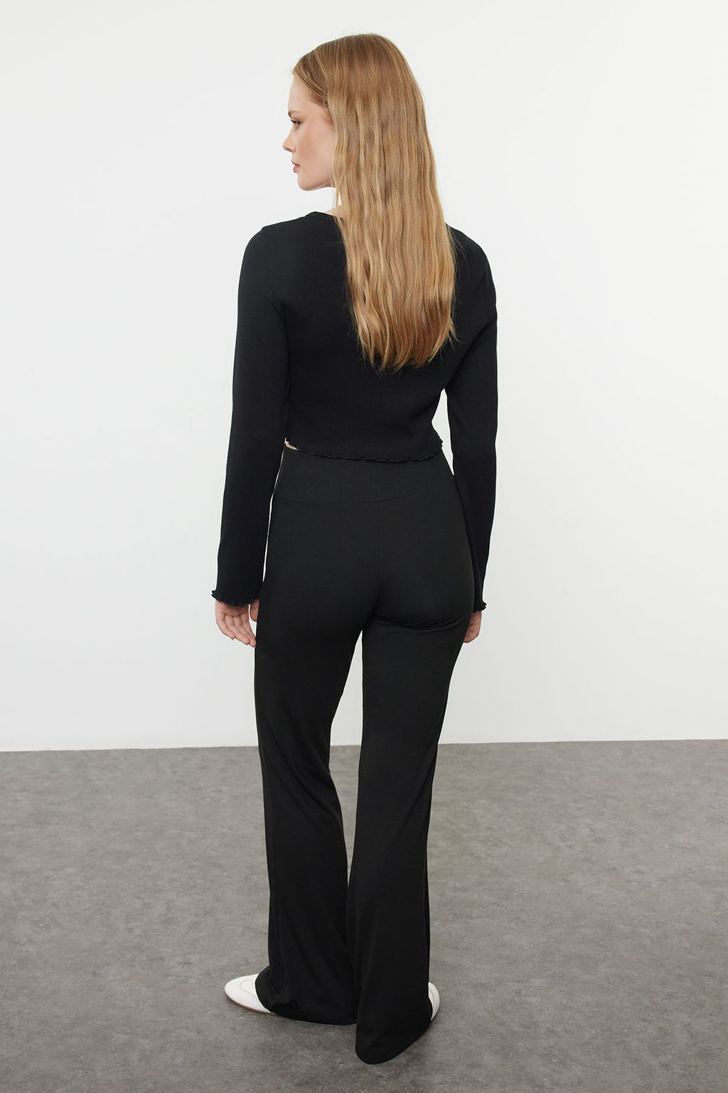 TRENDYOLMILLA Siyah Wide Leg/Ispanyol Paca Yuksek Bel Interlok Esnek Orme Pantolon TWOAW25PL00006 фото 14