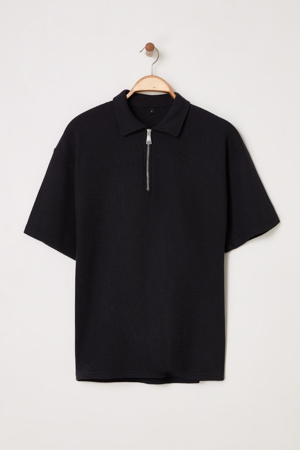 Siyah Oversize/Genis Kesim Dokulu Fermuarl? Polo Yaka T-shirt