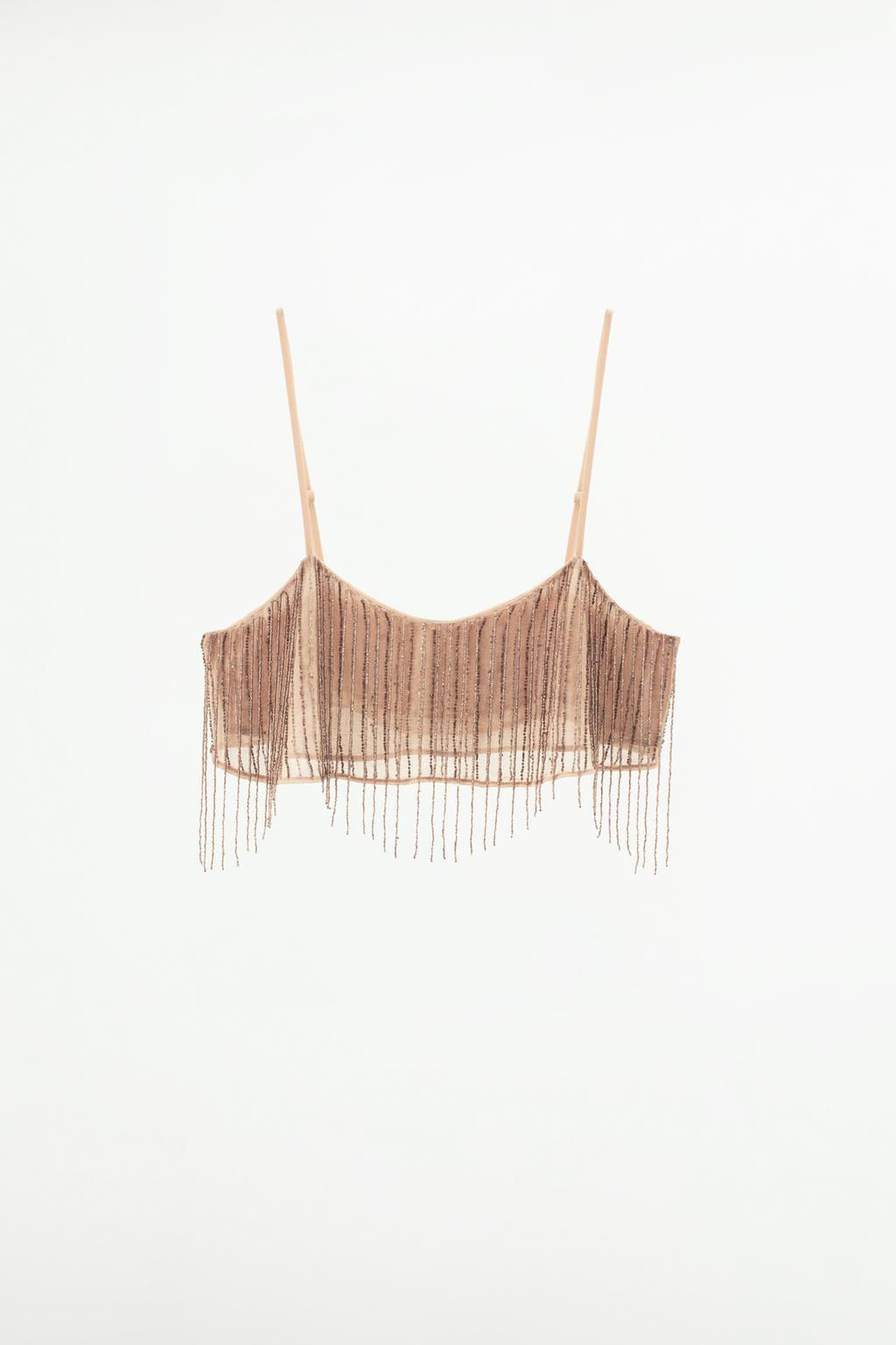 CREPE TOP WITH FRINGING AND BEADS - Zara фото 3