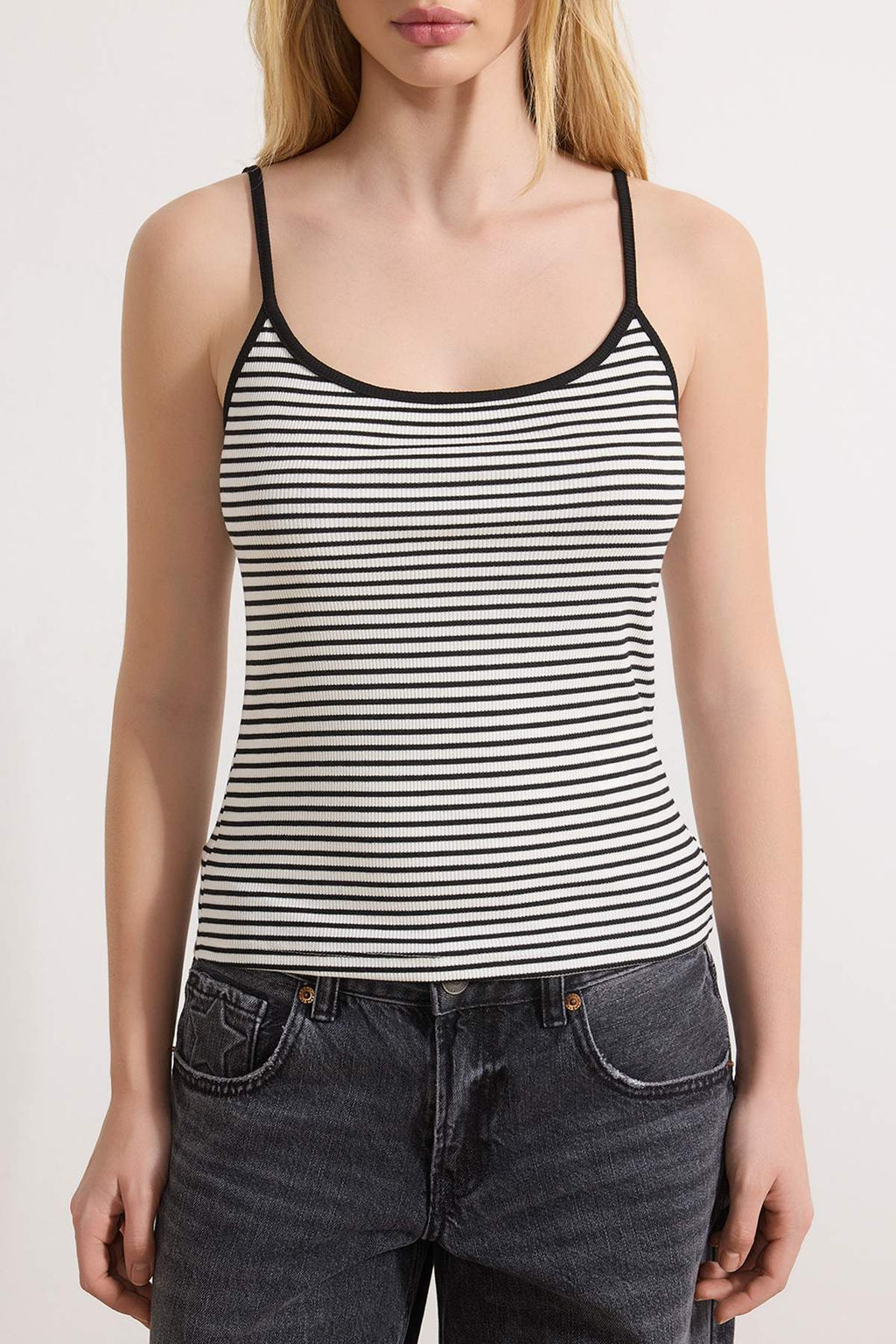 Cok Renkli-Siyah Cizgili Fitted/Vucuda Oturan Havuz Yaka Fitilli Esnek Orme Atlet TWOSS26AL00010 - Trendyolmilla фото 3