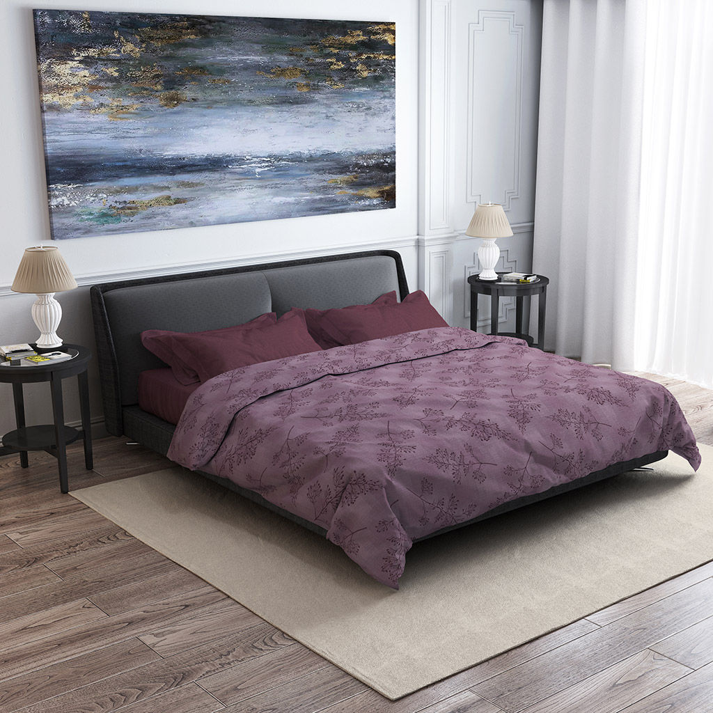 Постельное белье, комплект Евро Макси "Ботаника" ягодный/"Баклажан", 4 предмета: пододеяльник на кнопках 240х215см, простыня 220х240см, 2 наволочки 50х70см с клапаном-запахом, поплин "Комфорт" 115г/м2, хлопок 100%, упаковка "классическая" ПВХ 34,5х41