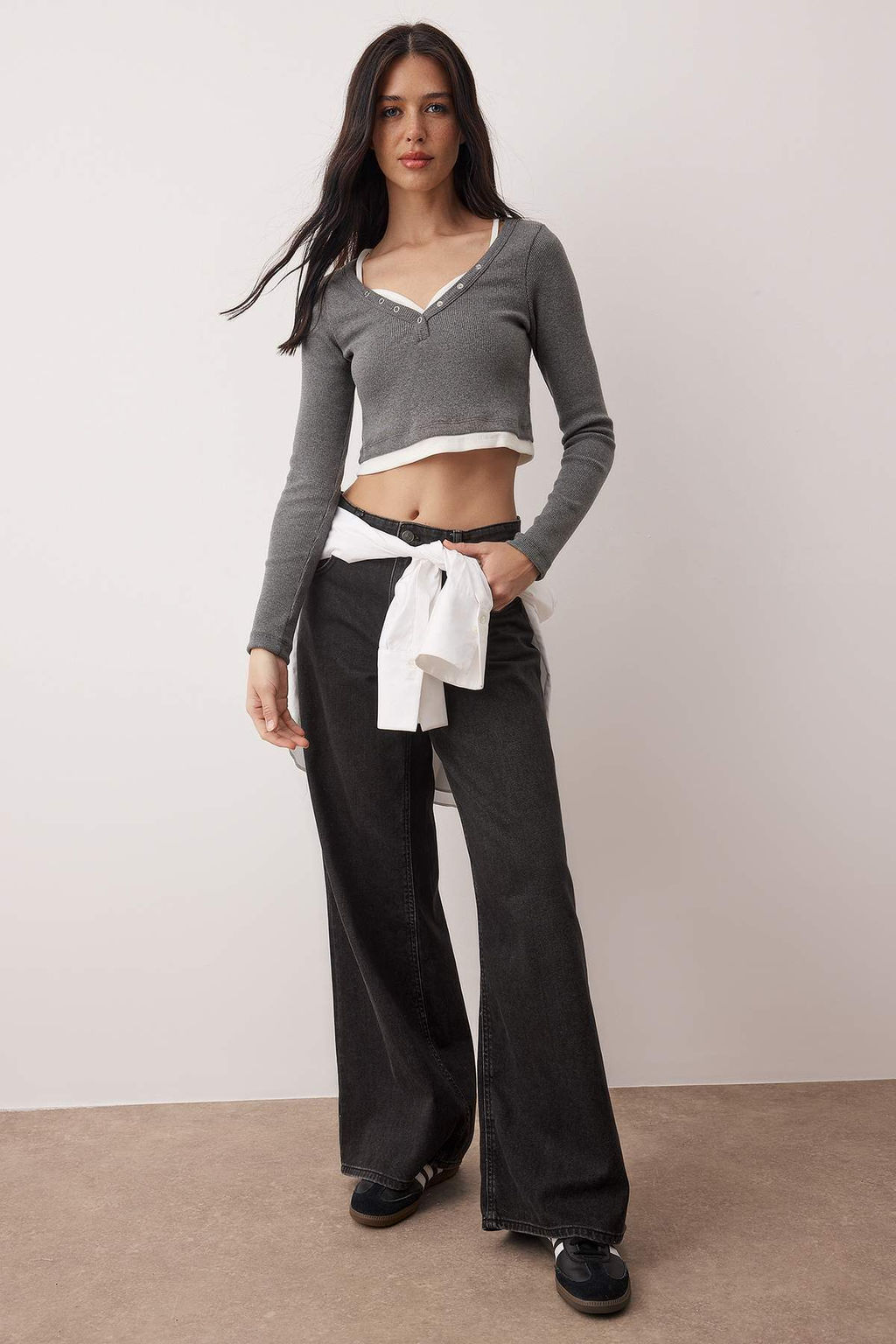 Gri Melanj Cift Katl? Fitted/Vucuda Oturan Crop Orme Bluz TWOAW26BZ00311 - Trendyolmilla фото 2