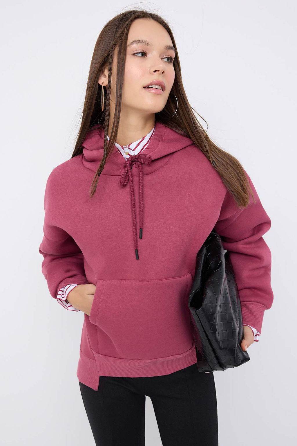 Teen Antrasit Kal?n Ici Polarl? Kapusonlu Cepli Asimetrik Orme Sweatshirt TWOAW26SW00113 - Trendyolmilla фото 3
