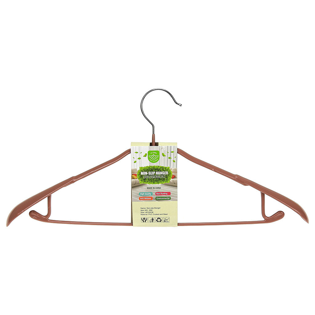 Вешалка-плечики обрезиненная р50-52 "Костюм" 43,5х20х3,2см, широкие плечики, металлический корпус, с крючками, с ПВХ покрытием, цвет какао (Китай)