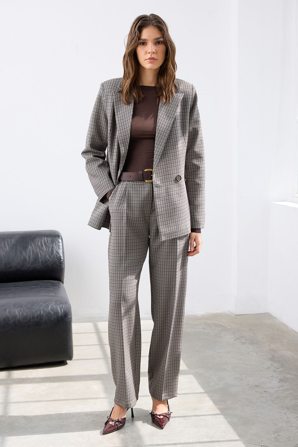Kahverengi Kazayag? Desenli Regular/Normal Kal?p Dokuma Blazer Ceket TWOAW26BC00016