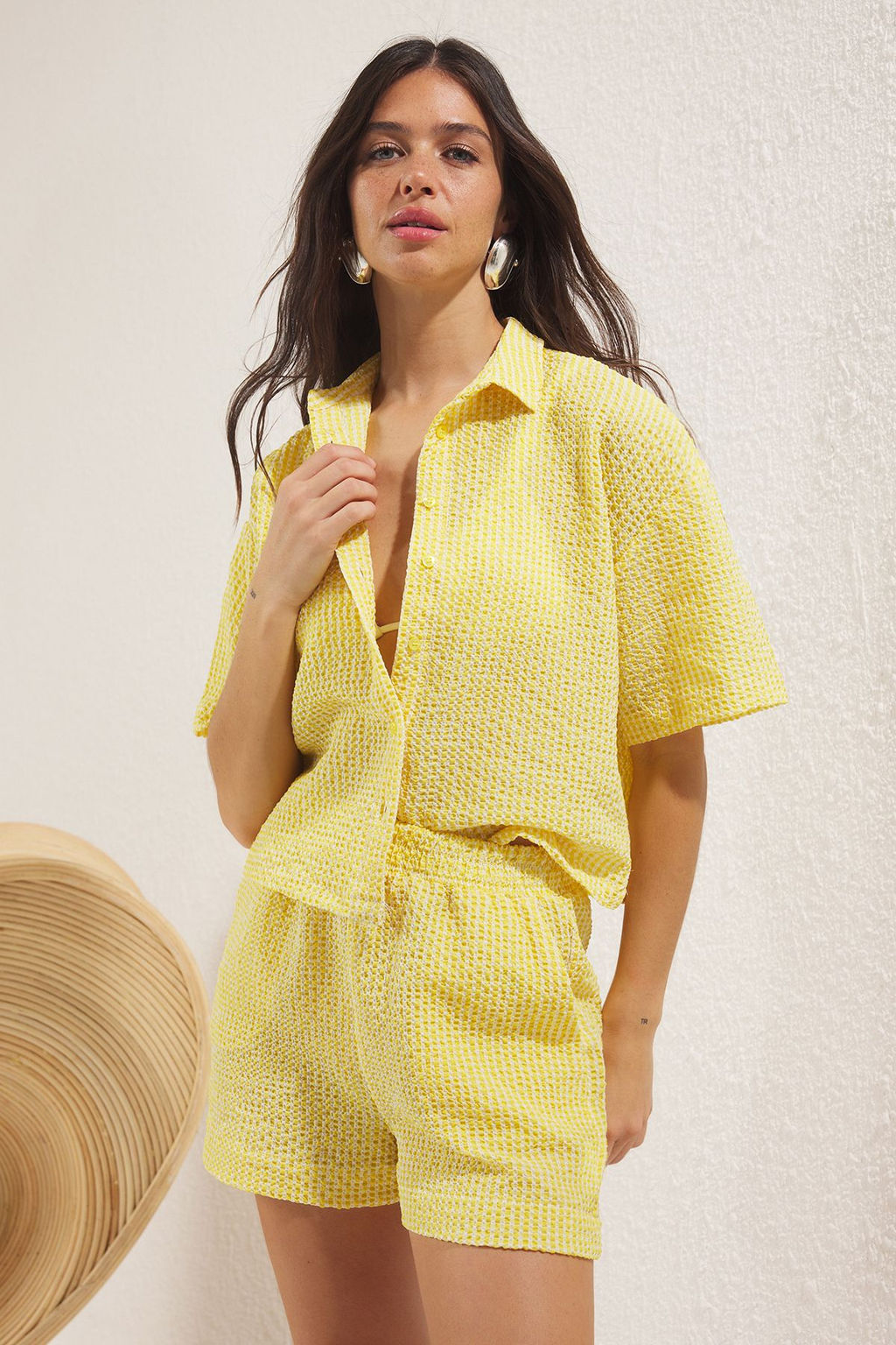 Sar? Ekose Dokuma Plaj Gomlek-Sort Tak?m TBESS25AU00098 - Trendyolmilla фото 2