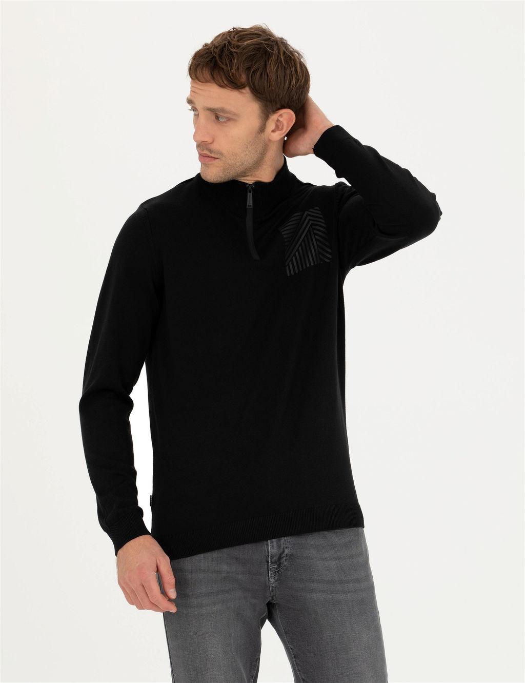 Siyah Slim Fit Fermuarl_ Dik Yaka Triko Kazak