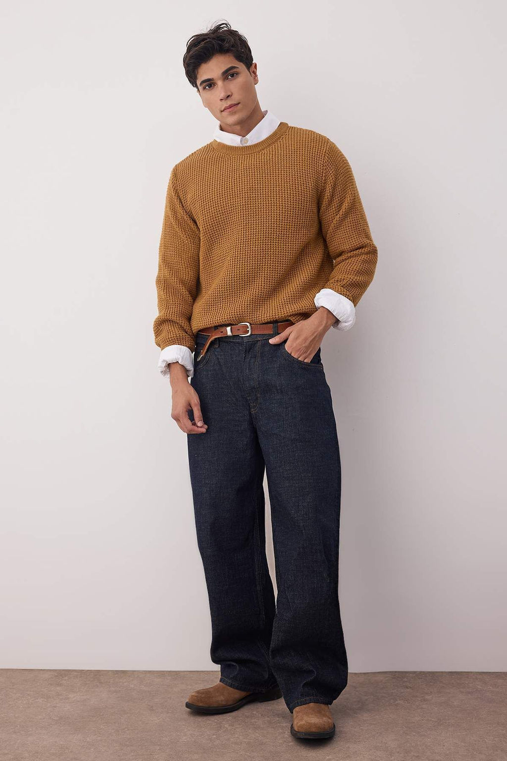 TRENDYOL MAN Camel Regular Fit Yunlu Bisiklet Yaka Dokulu Basic Triko Kazak TMNAW23KZ00028