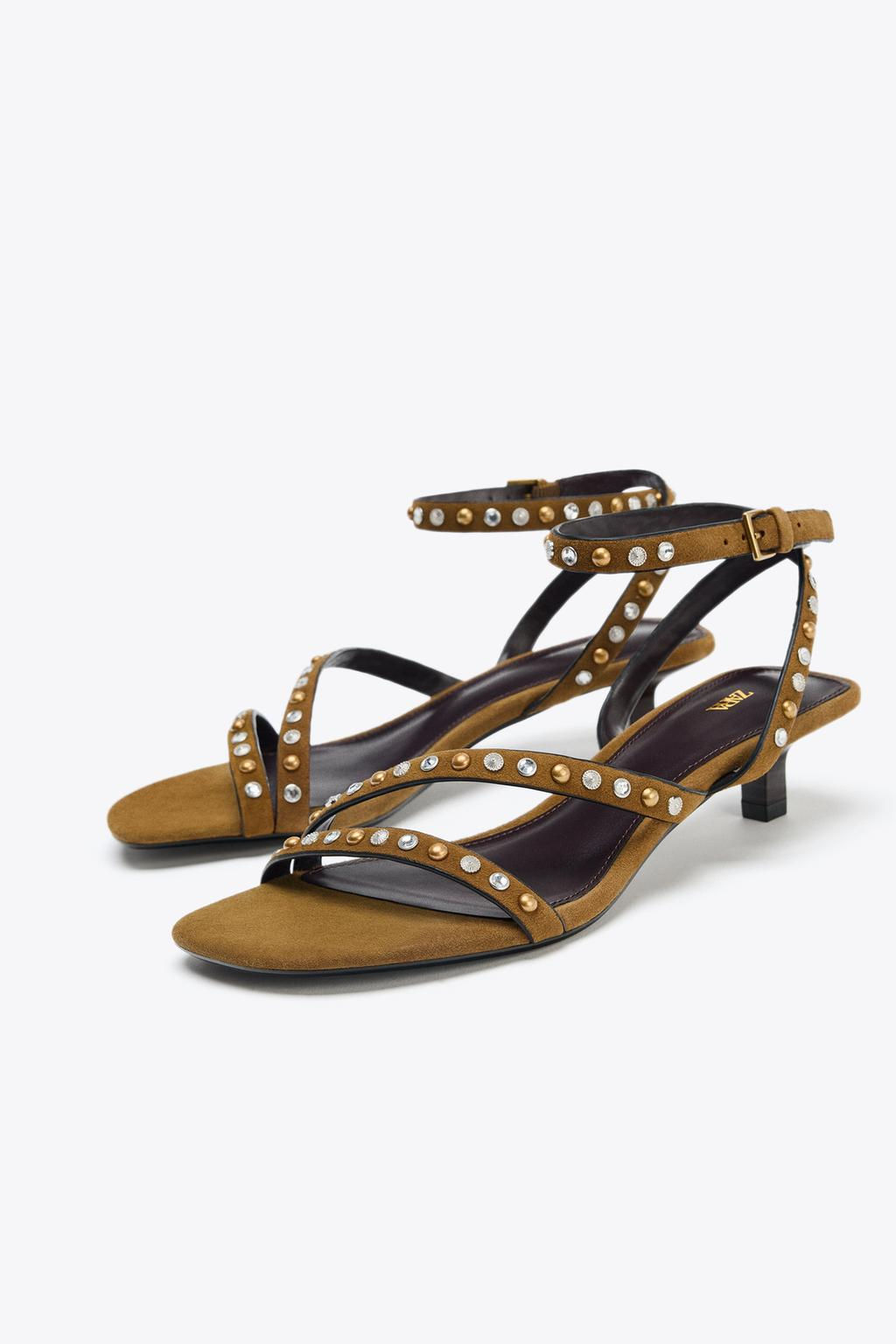 SPLIT SUEDE STUDDED KITTEN HEEL SANDALS - Zara фото 3