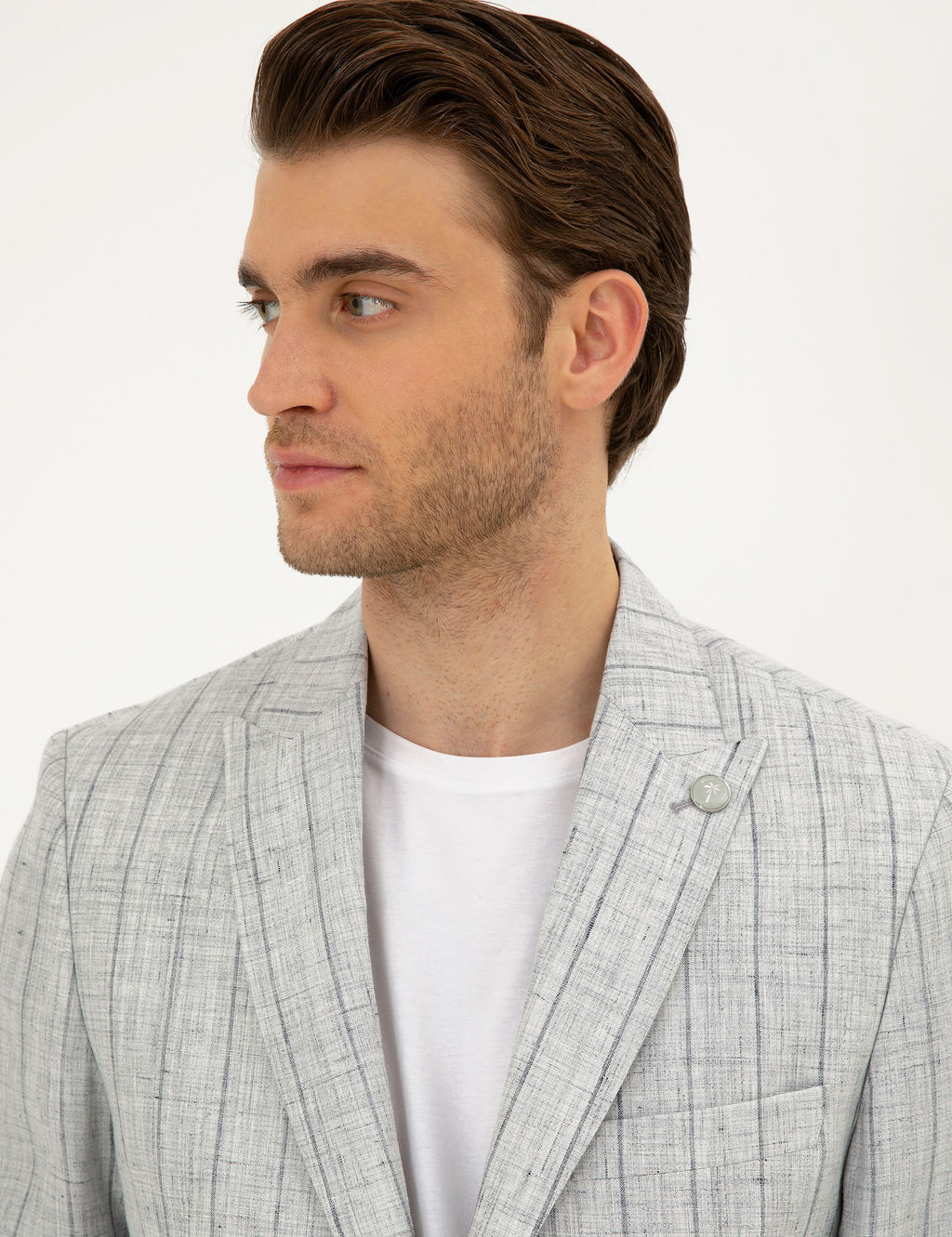 Gri Slim Fit %100 Keten _izgili Ceket