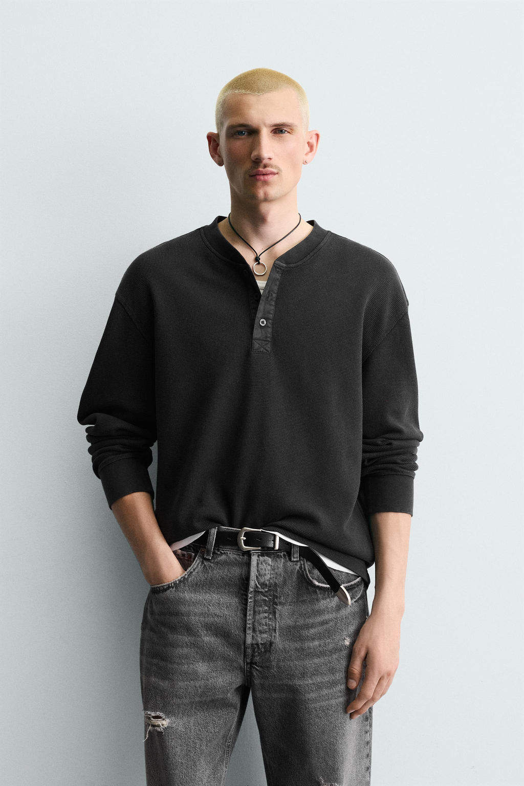 CAMISETA CUELLO PANADERO WAFFLE / Antracita oscuro - Zara фото 2