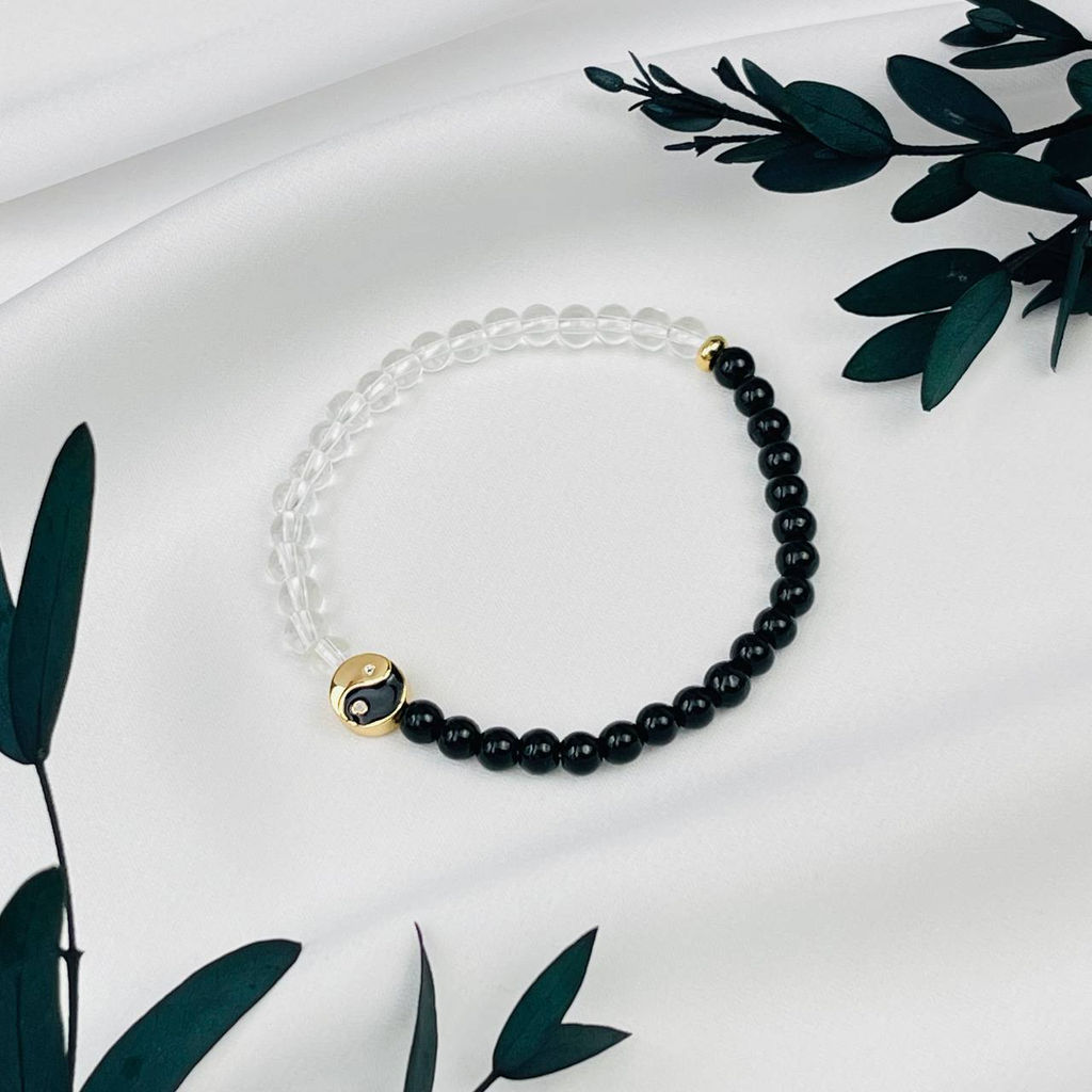 Браслет "Инь-Янь" из Горного Хрусталя и золотистого Обсидиана 17 см