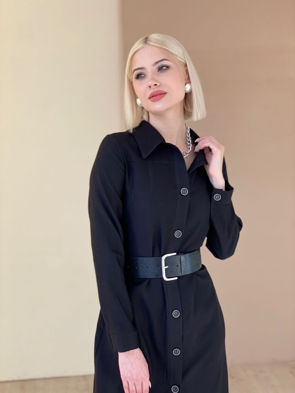 5754 Платье-рубашка из микровельвета чёрное - Martichelli фото 7