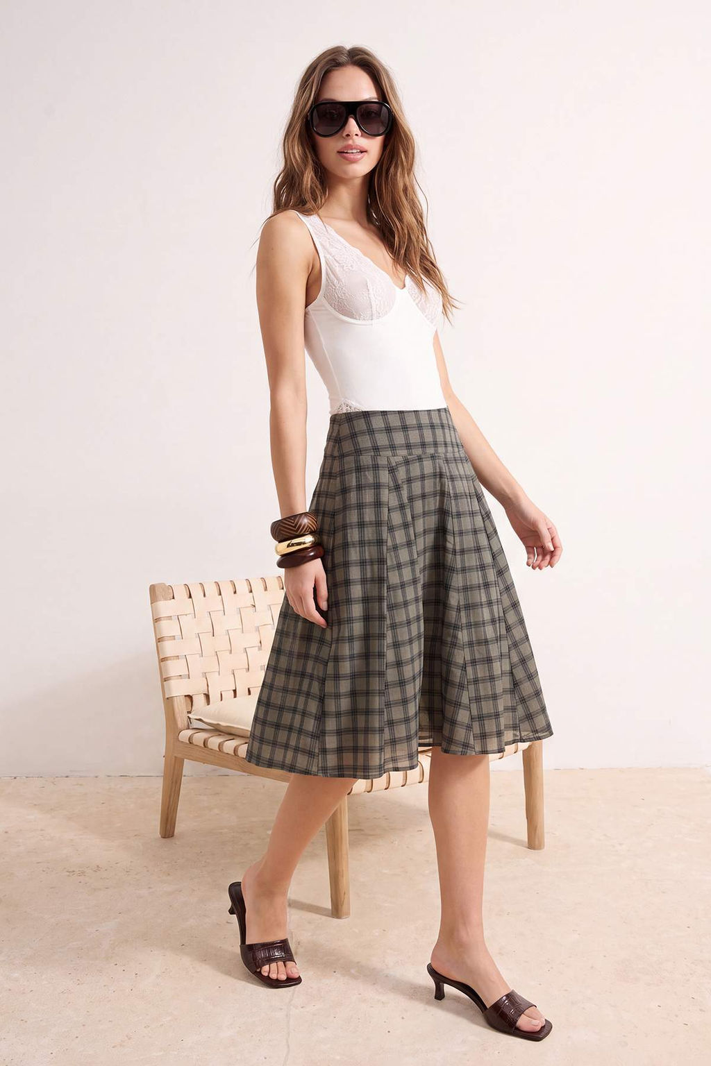 Haki Minik Ekoseli Astarl_ Midi Etek TWOSS26ET00263