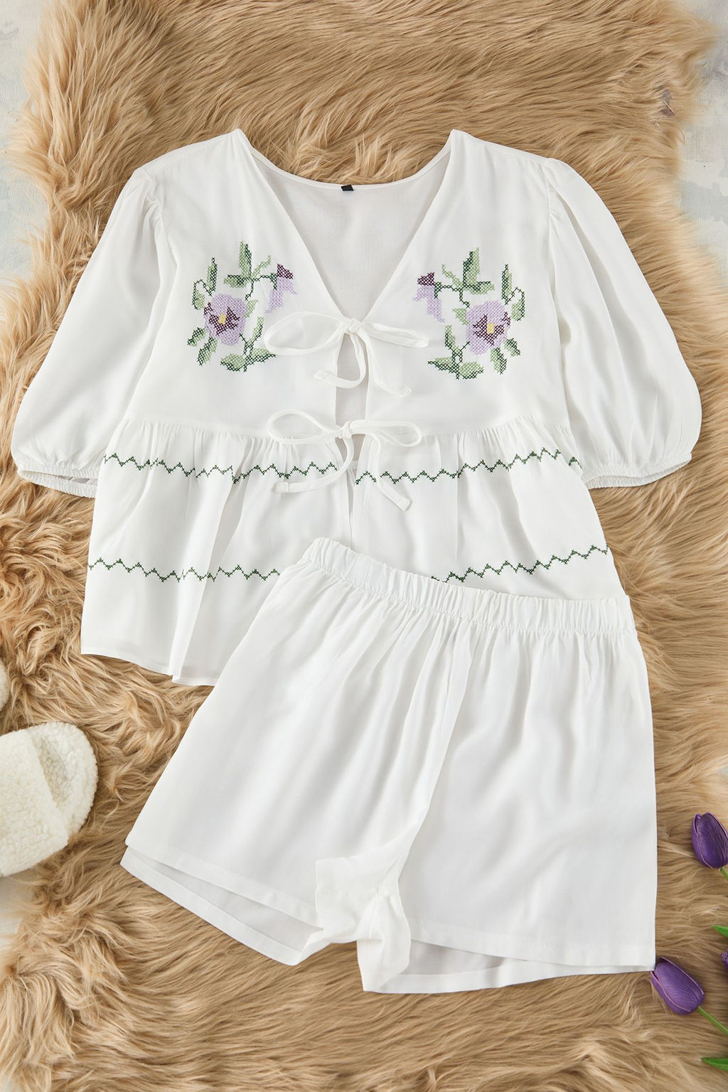 Trendyolmilla Pembe Cicekli Nak?sl? Baglama/Fiyonk Detayl? Viskon Sortlu Dokuma Pijama Tak?m? THMSS25PT00027 фото 5