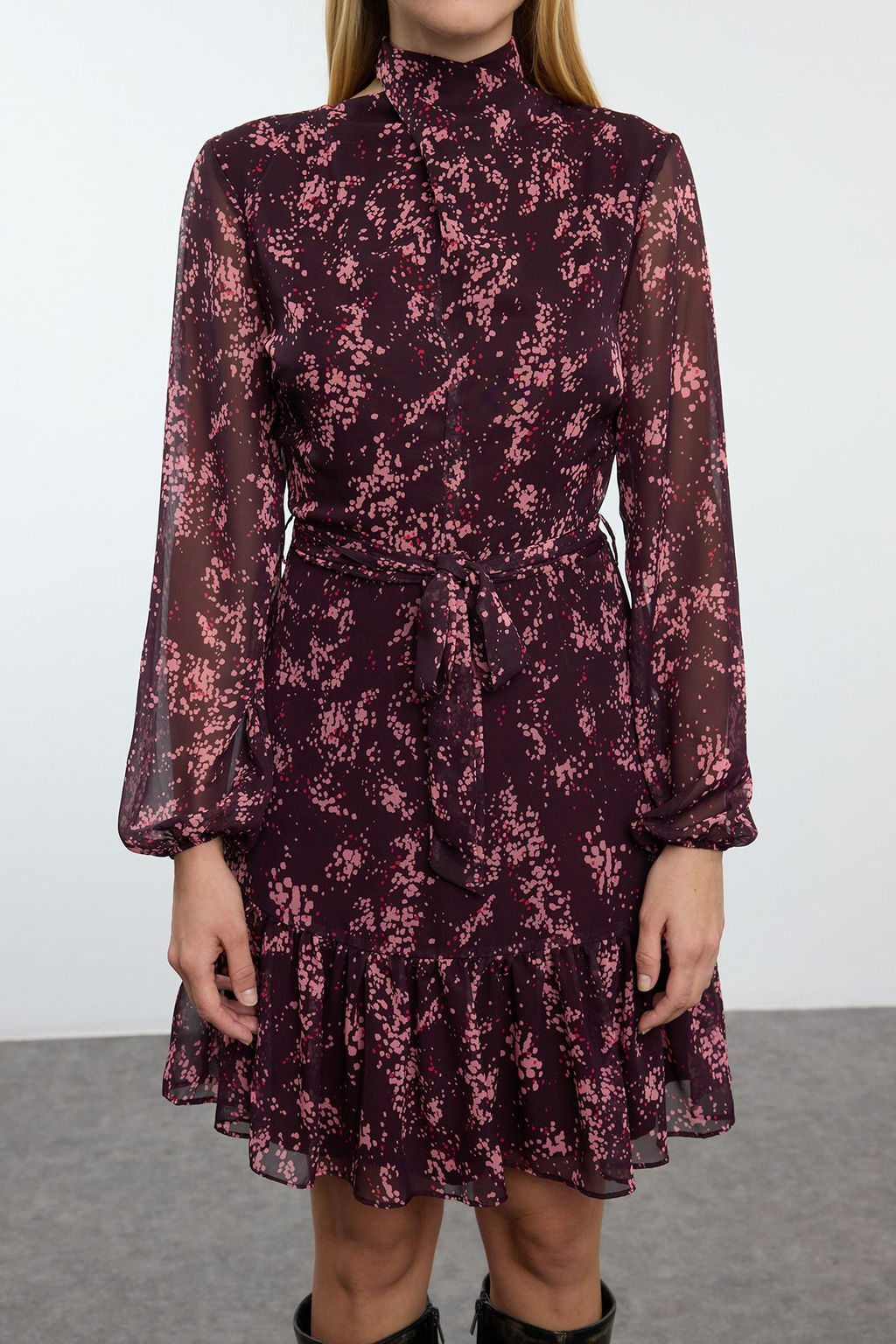 Trendyolmilla Koyu Visne Cicekli Dokuma K?sl?k Elbise TWOAW24EL00261  фото 7