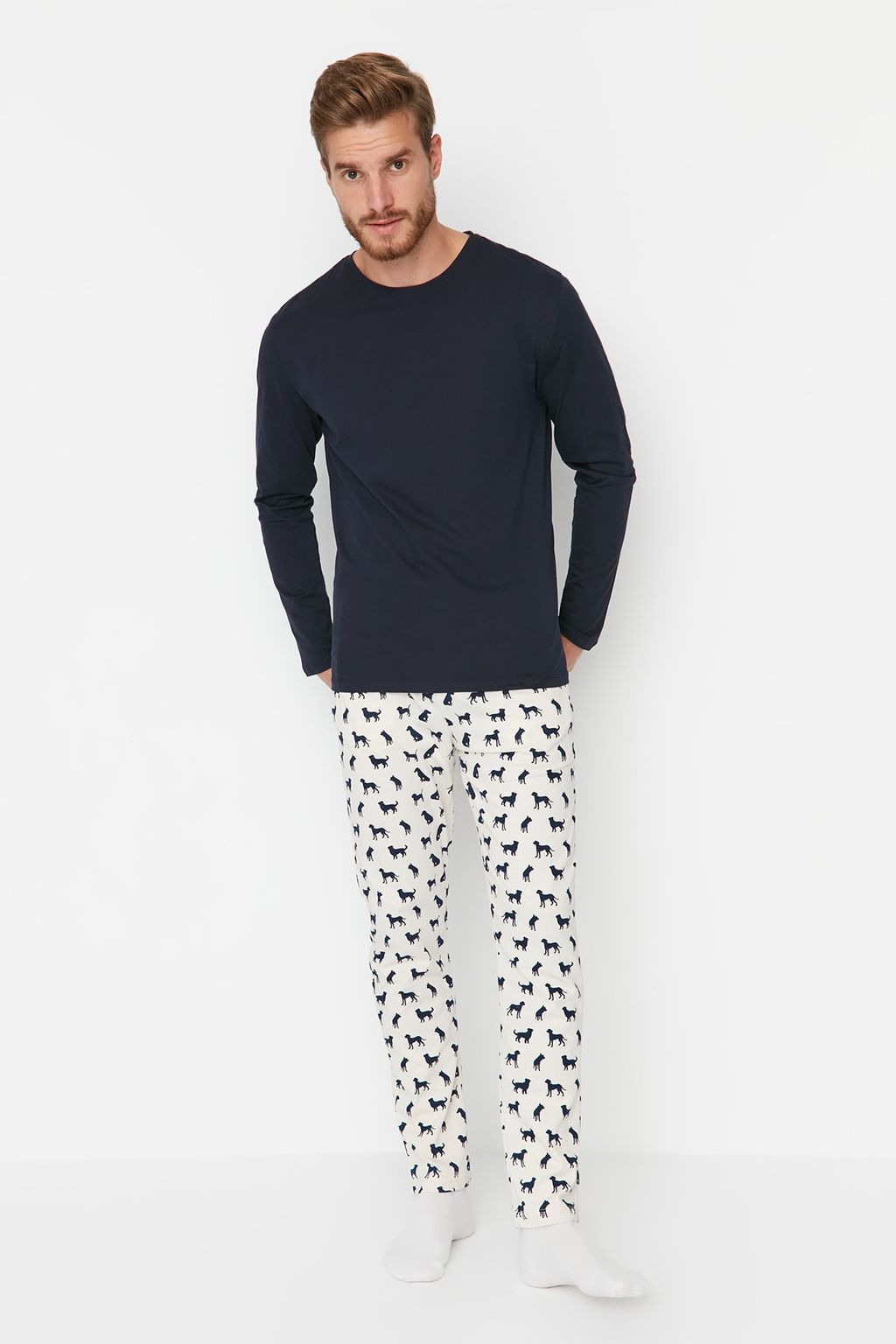 TRENDYOL MAN Lacivert %100 Pamuk Regular Fit Bask?l? Orme %100 Pamuk Pijama Tak?m? TMNAW23PT00028 - Trendyolmilla фото 4