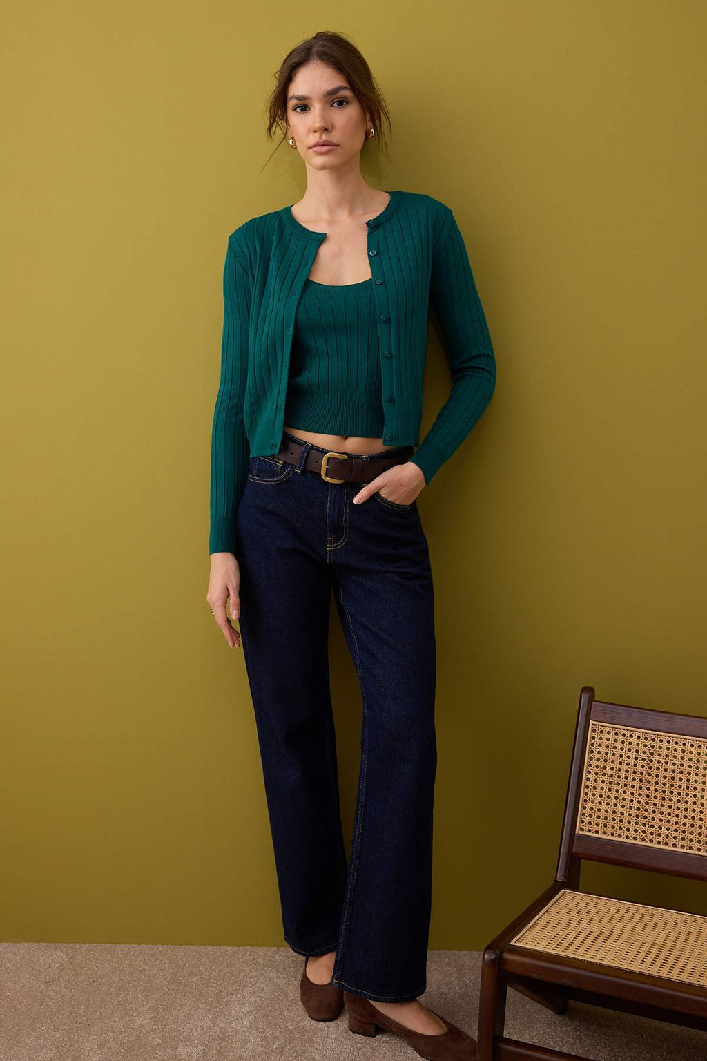 Koyu Yesil 2li Basic Triko H?rka-Bluz Tak?m TWOAW26HI00213