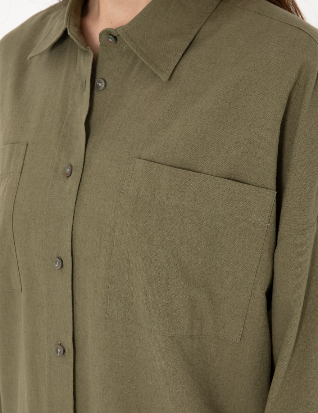 Haki Oversize Keten Kar___ml_ Uzun Kollu G_mlek