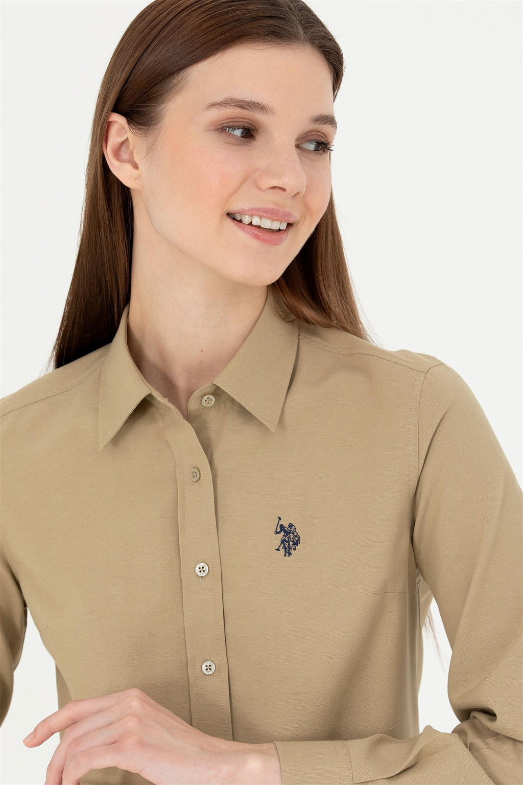 Женская базовая рубашка цвета хаки с длинным рукавом - U.s. polo assn фото 2