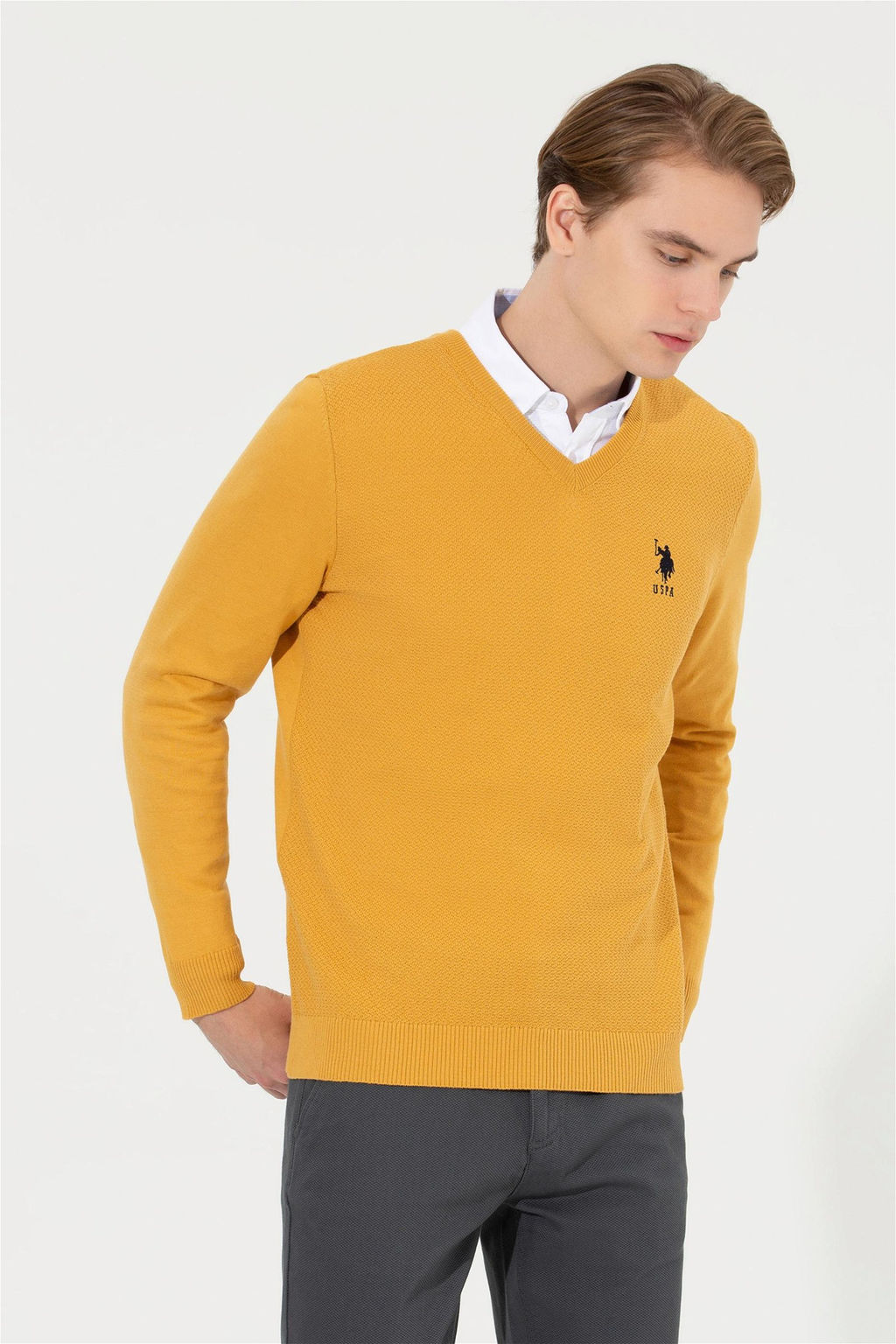 Мужской шафрановый трикотажный свитер Basic - U.s. polo assn фото 9