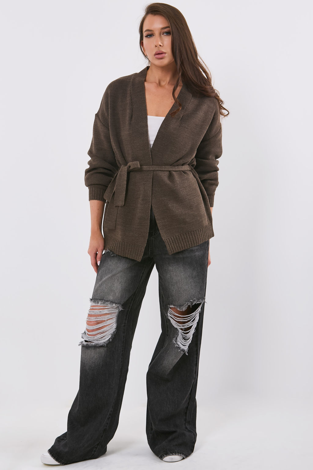 Кардиган объемный без застежки коричневый