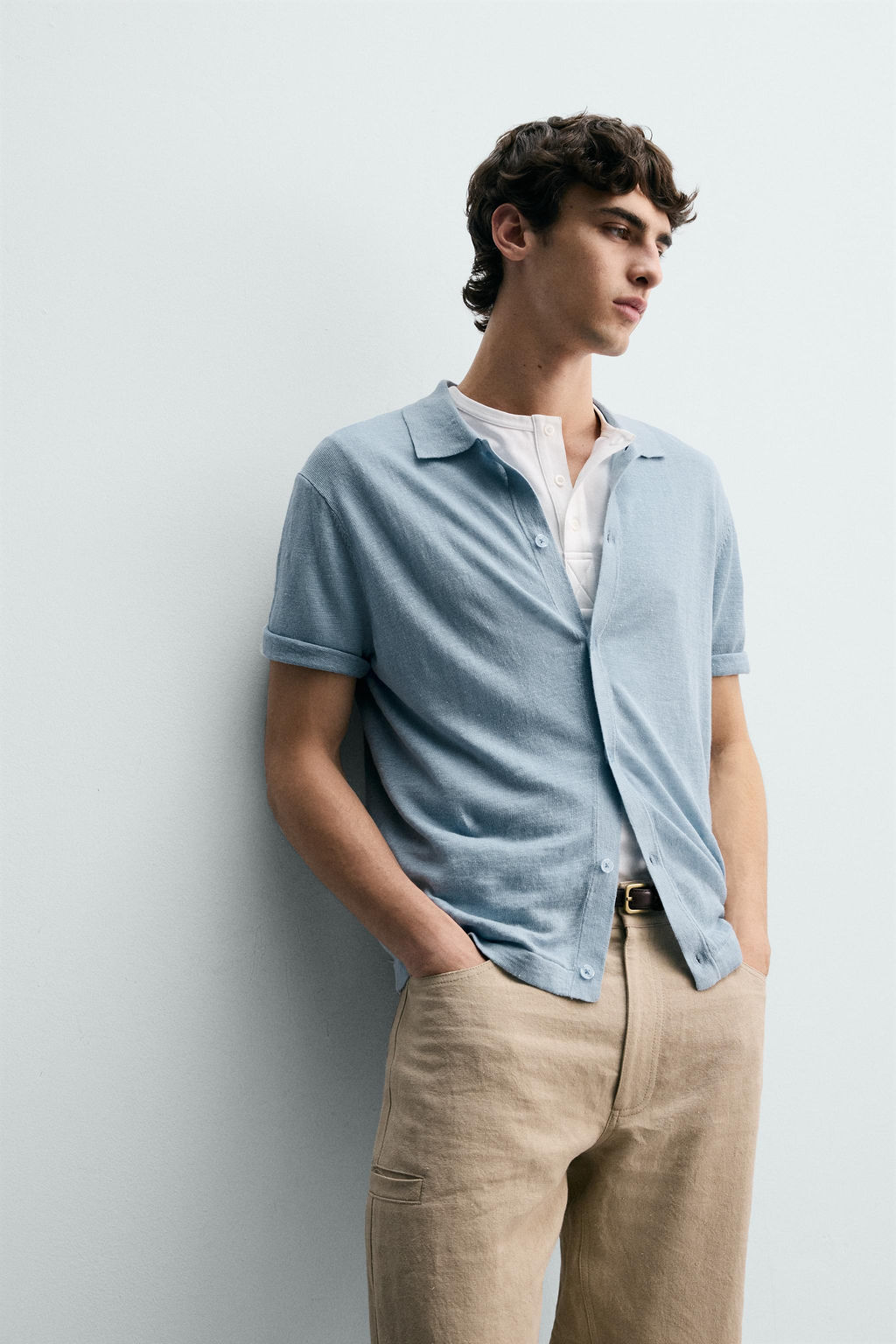 CAMISA PUNTO 100% LINO / Celeste - Zara фото 5