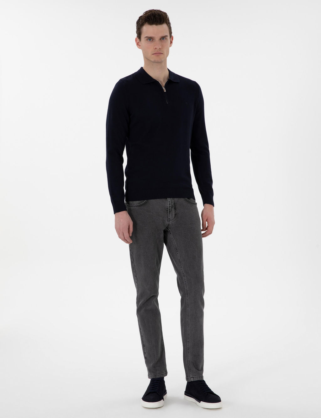 Lacivert Slim Fit Fermuarl_ Polo Yaka Basic Triko Kazak